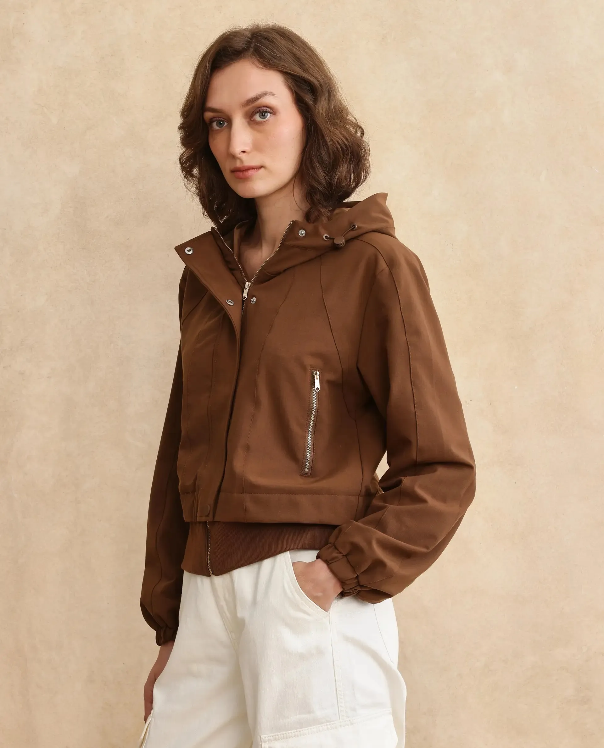 Rareism Women Hoian Dark Beige Ribbed Sleeve Stand Collar Zipper Closure Boxy Fit Plain Jacket