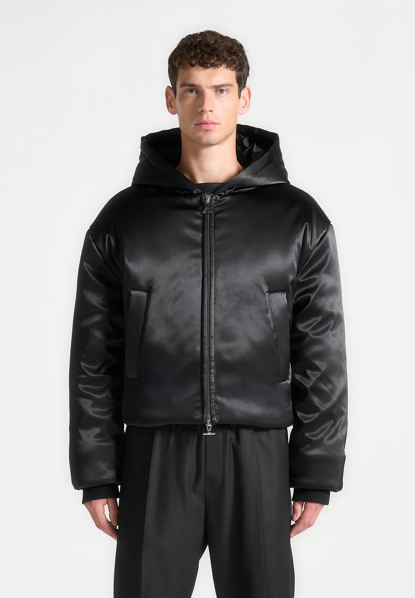 Satin Cropped Hooded Jacket - Black