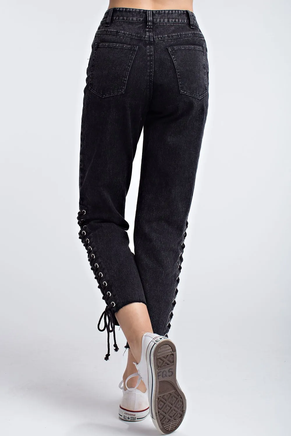 Side Lace Up Denim Pant, Black