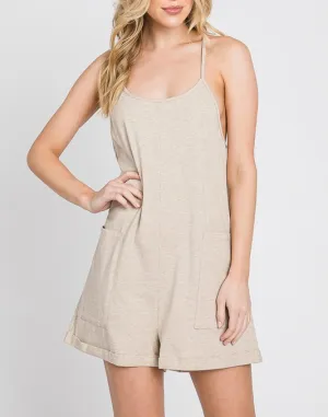 So Much Comfort Spaghetti Strap Short Romper in Oatmel