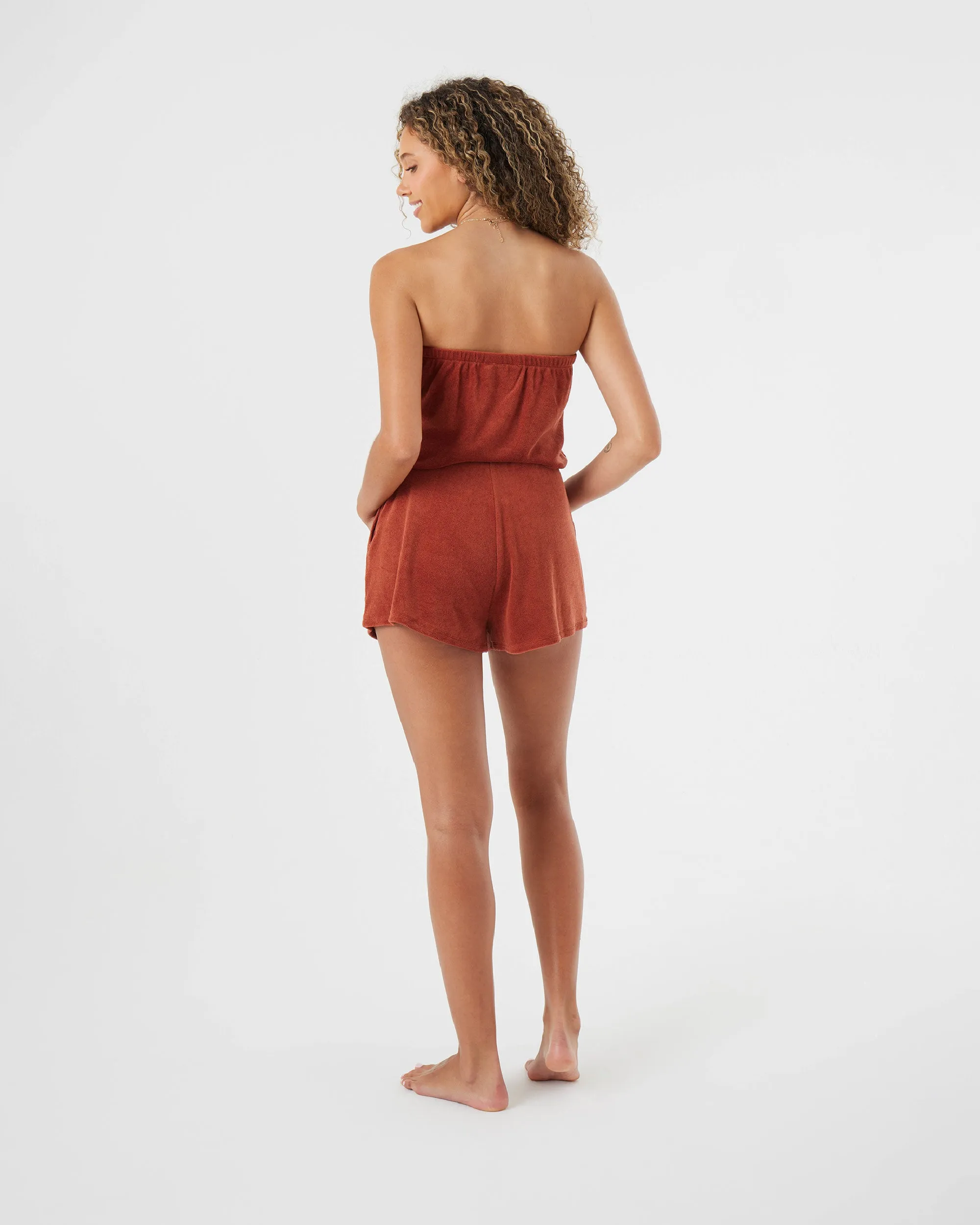 Special Feeling Strapless Terry Cloth Beach Romper - Brown