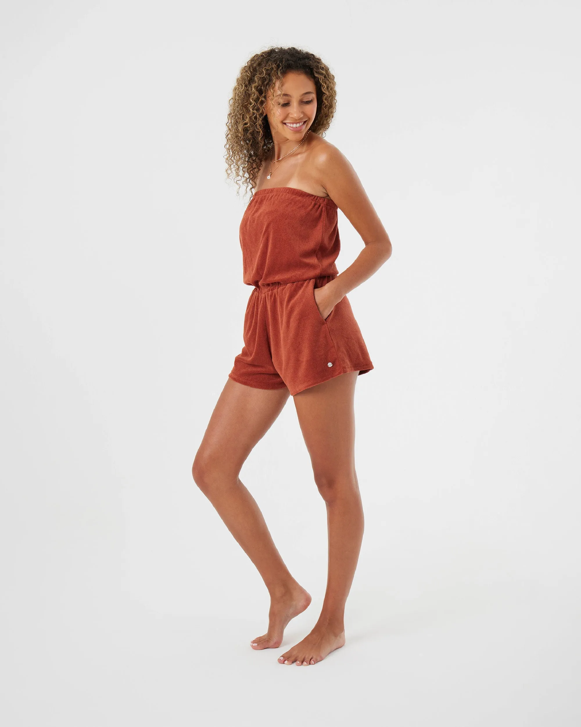 Special Feeling Strapless Terry Cloth Beach Romper - Brown