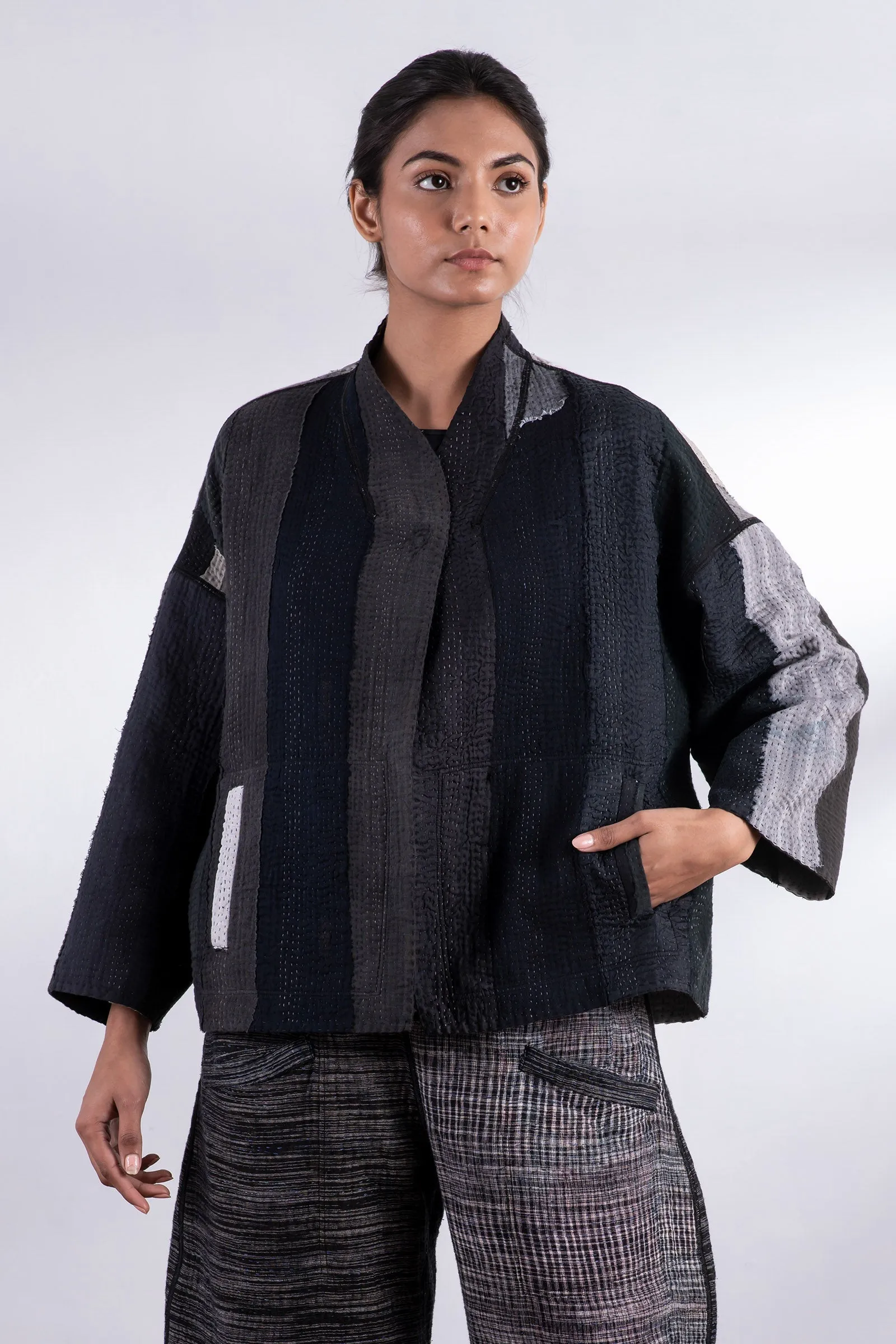 STRIPE AND CHECK COTTON SILK PATCH KANTHA  STAND COLLAR CROPPED JACKET - ss4034-blk -