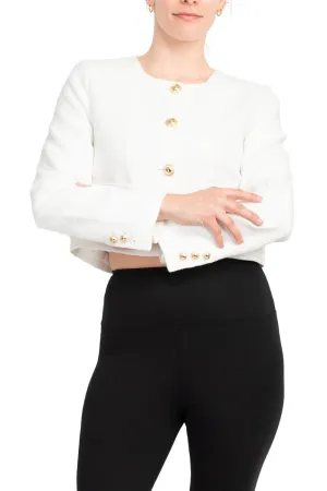 T Tahari Longsleeve collarless round neck button down cropped weed jacket with front faux pockets bl