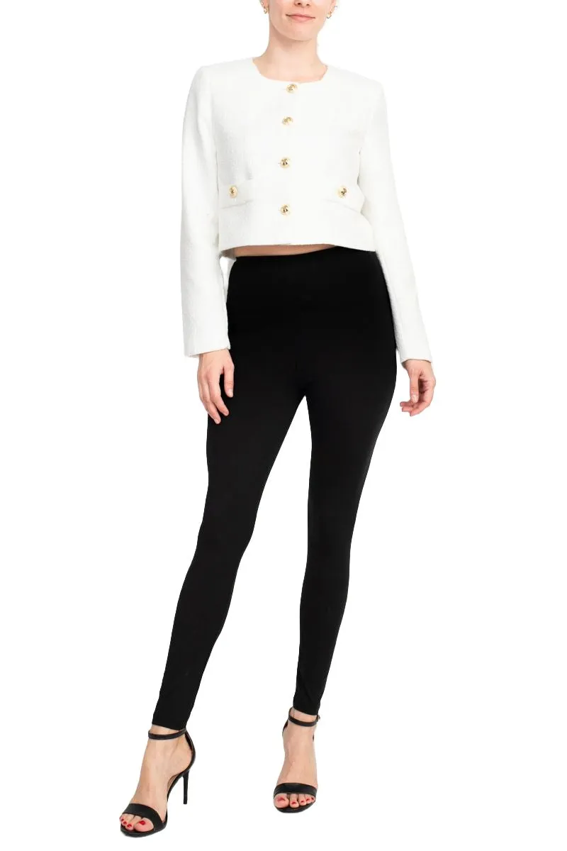 T Tahari Longsleeve collarless round neck button down cropped weed jacket with front faux pockets bl