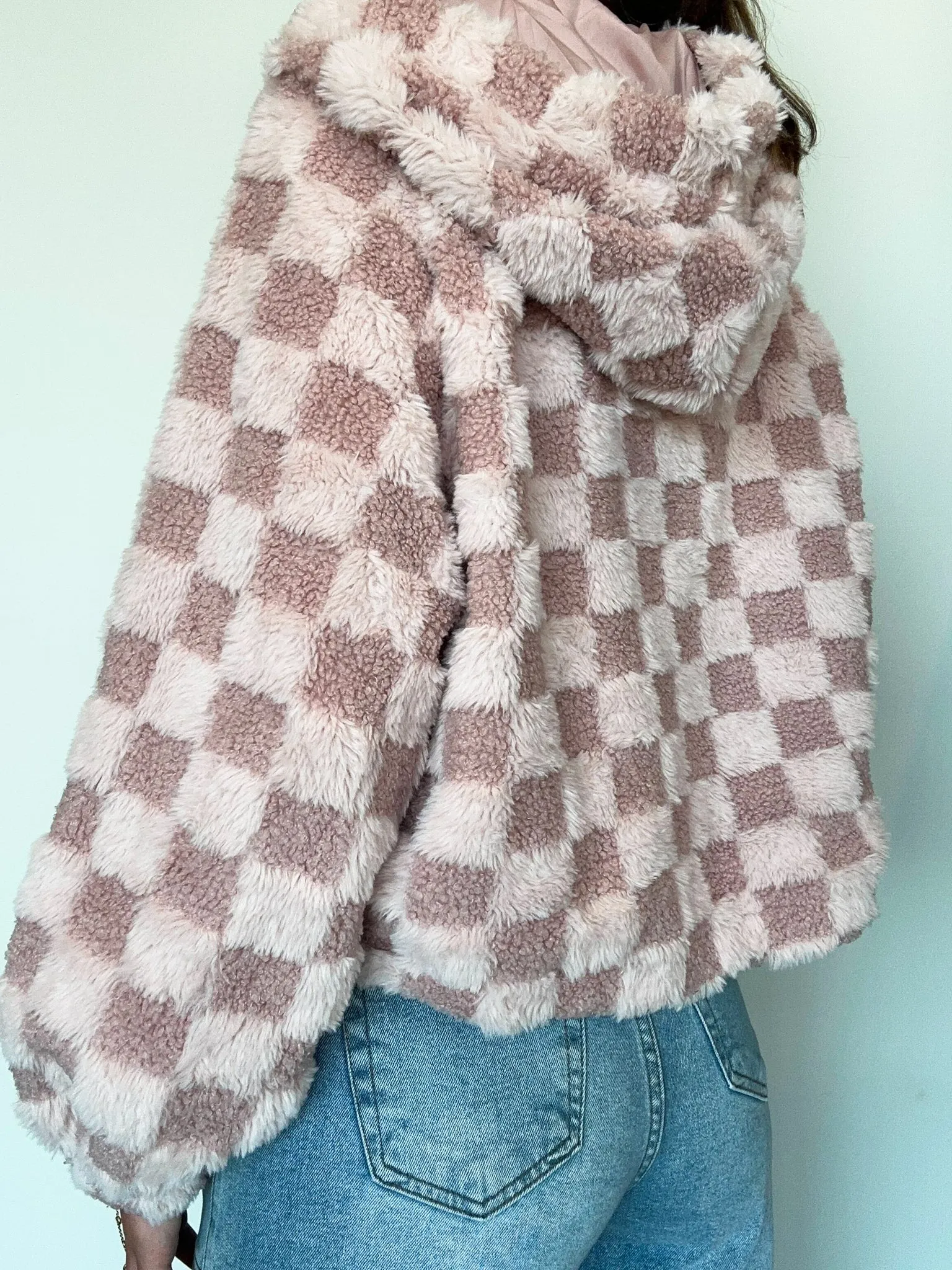 Teddy Checkered Fur Hoodie- Pink