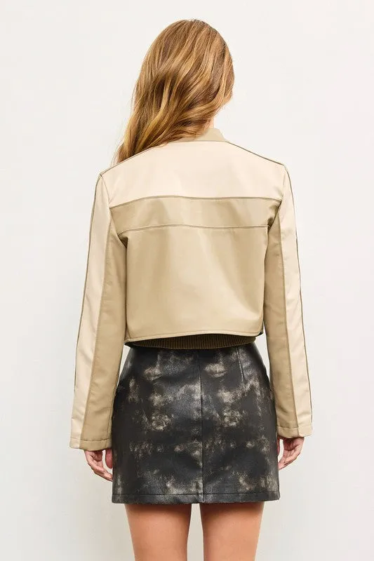 Tracie Vegan Leather Cropped Color Block Moto Jacket Taupe