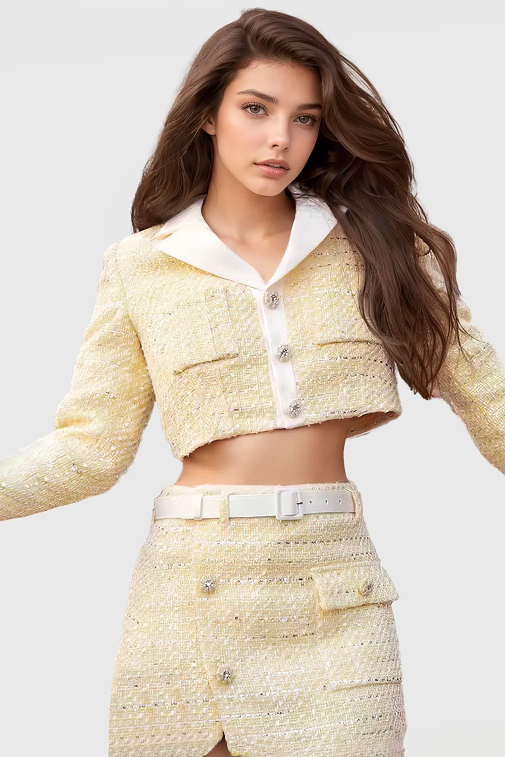 Tweed 2-Piece Set with Precious Buttons - Light YelLow