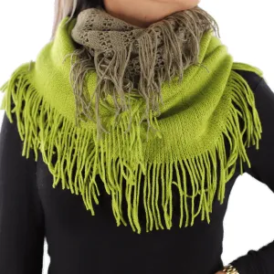 Two Toned Knit/Crochet Scarf w/ Tassels - Bright Sage/Olive Green