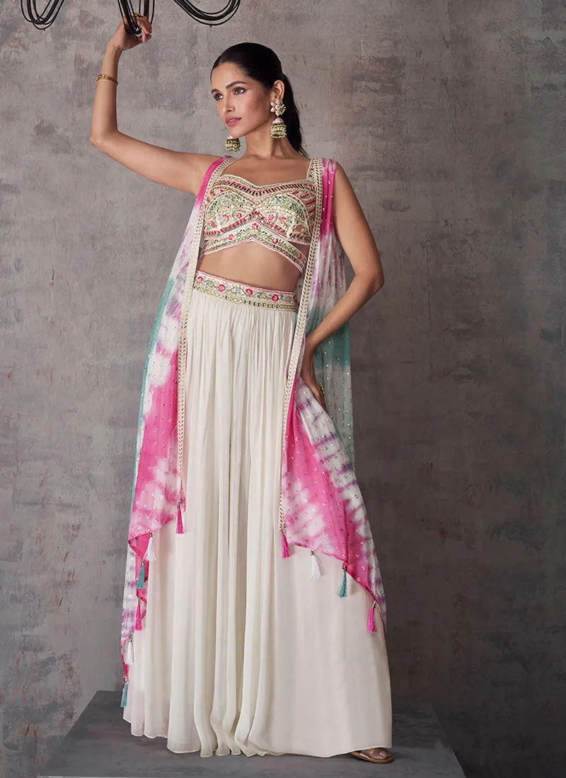 White Multi Embroidery Cape Style Palazzo Set