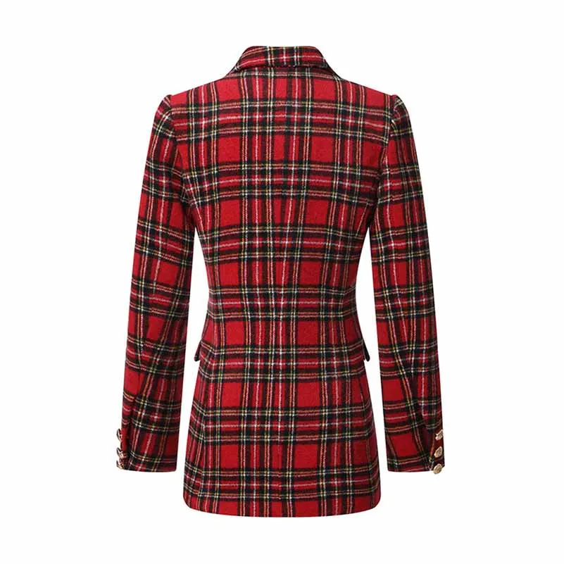 Women Long Sleeve Checked Blazer Coat Red