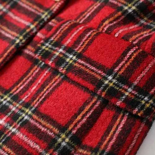 Women Long Sleeve Checked Blazer Coat Red