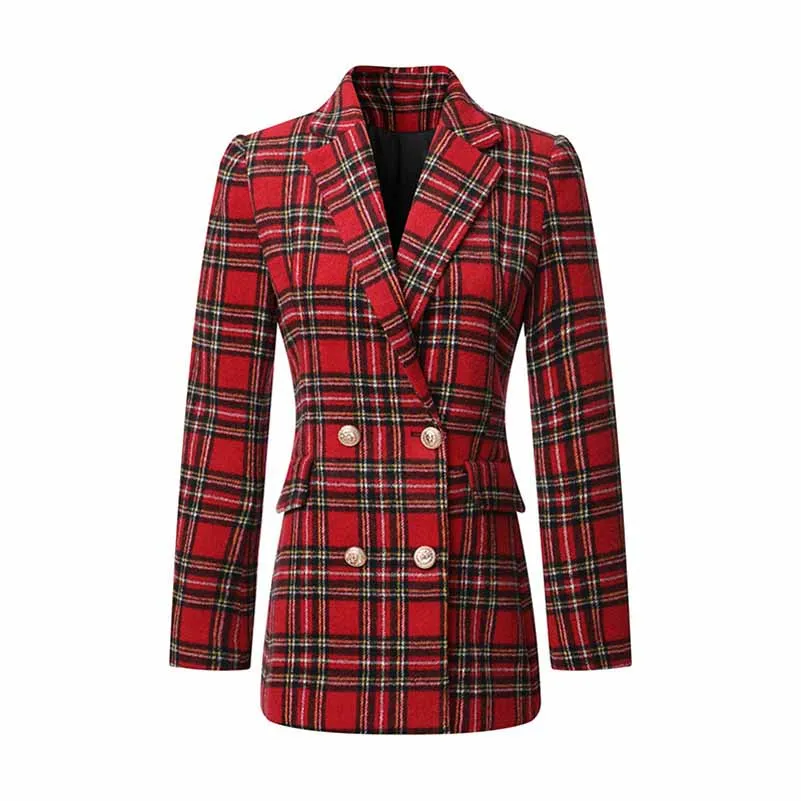 Women Long Sleeve Checked Blazer Coat Red