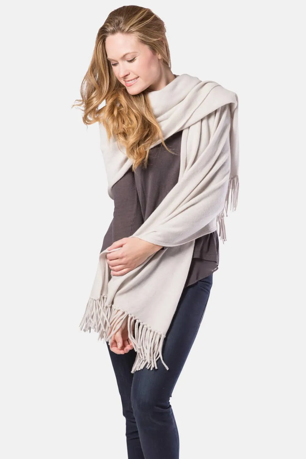 Women's 100% Pure Cashmere Knit Shawl Wrap with Fringe and Gift Box