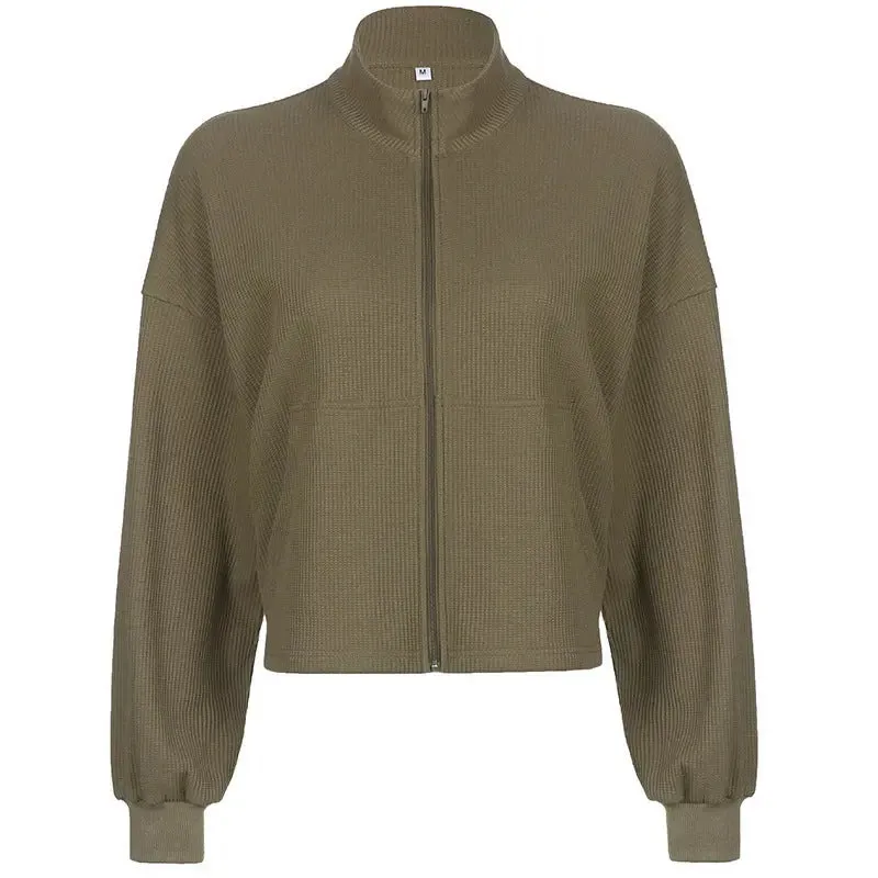 Women's Army Green Cropped Waffle Jacket