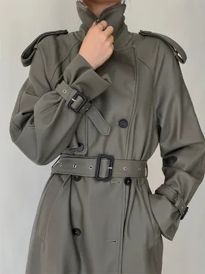 Women's Belted Faux Leather Trench Coat