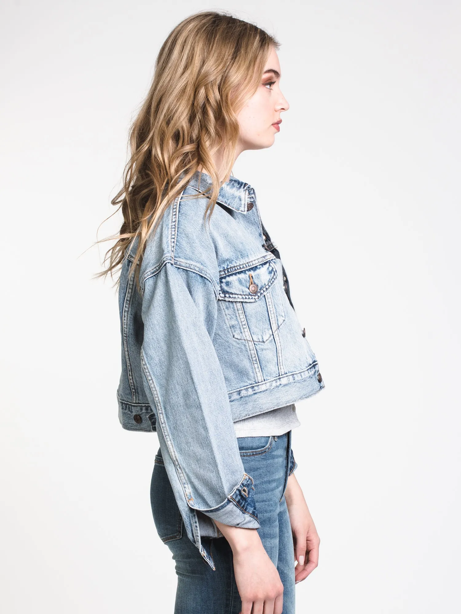 WOMENS CROP DAD TRUCKER JACKET - DENIM - CLEARANCE