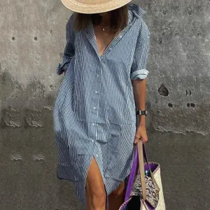 YESMYTOOL  -  2024 Spring High Street Loose Midi Dress Women Casual Striped Print Loose Dress Fashion Lapel Long Sleeve Single-breasted Shirts